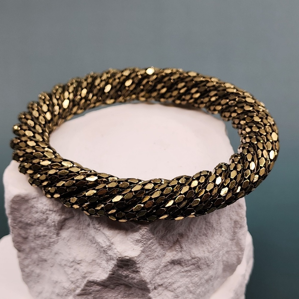 Gold Tone Metallic Beaded Twisted Bangle Bracelet Chunky Statement Boho Jewelry